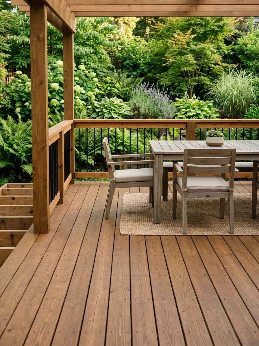 Mixed cedar and pine deck with unified warm brown semi-transparent stain for a cohesive finish in stain color ideas for decks