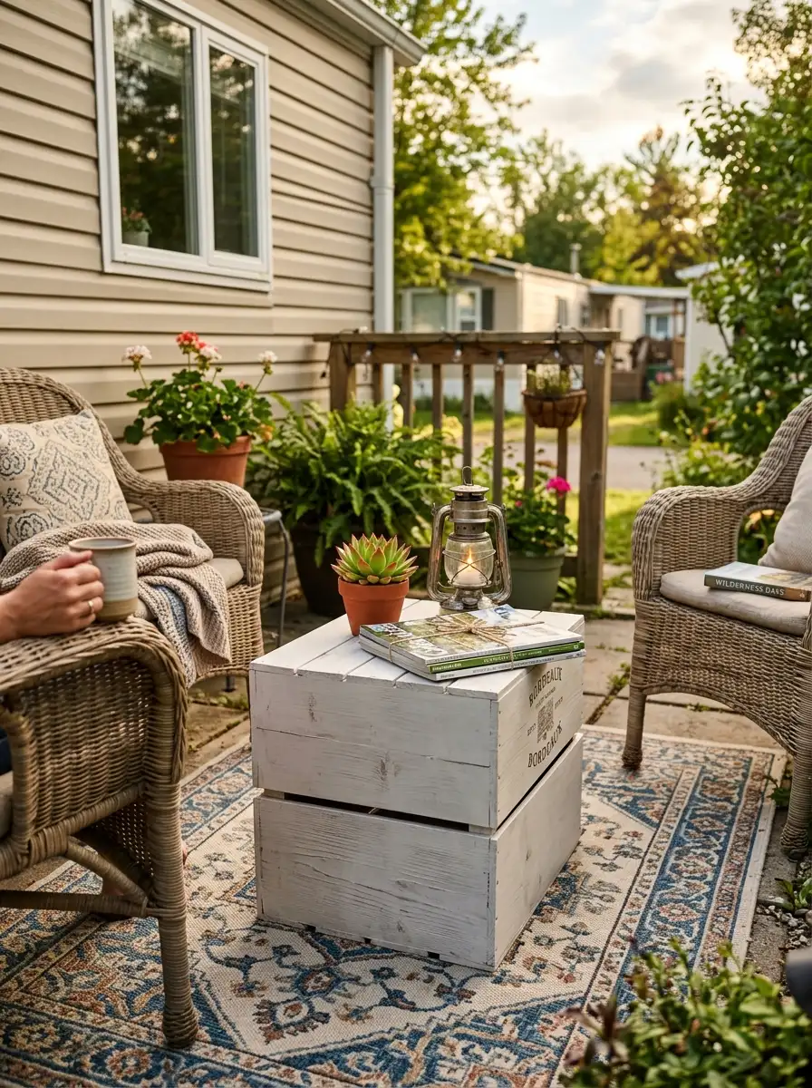 Two stacked white-painted wooden wine crates as outdoor coffee table with succulent and lantern on a mobile home patio in afternoon light