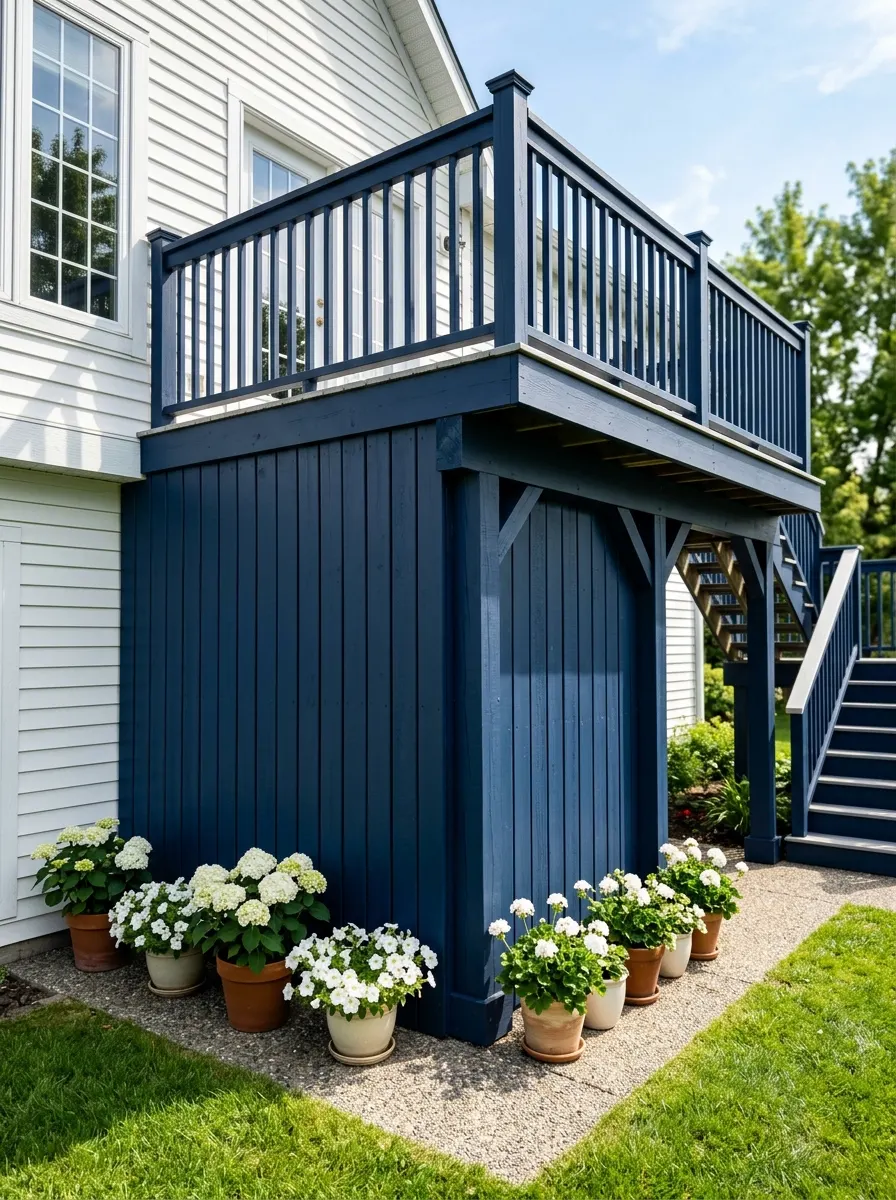 Deep navy vertical board deck base covering with white potted flowers beneath a raised backyard deck