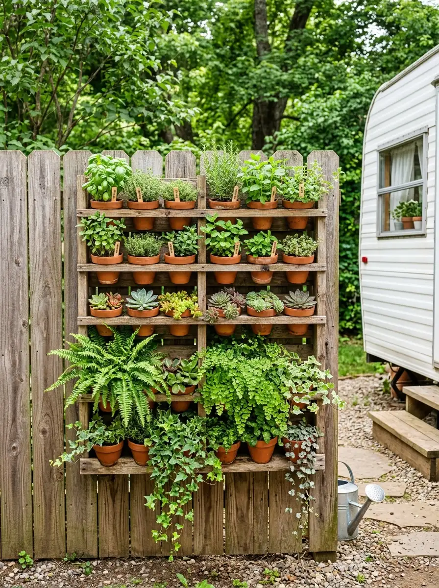 Vertical pallet garden with terracotta pots of herbs and succulents mounted on a wood fence beside a mobile home patio