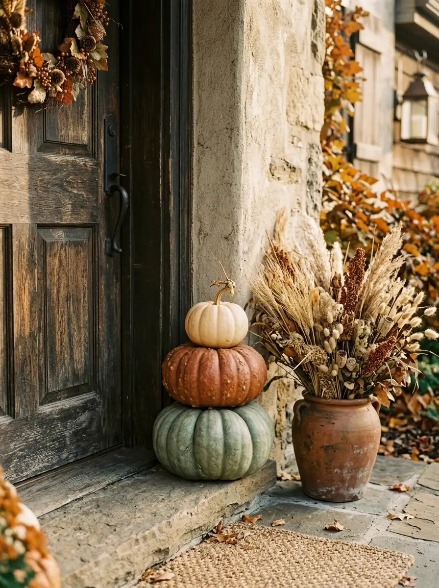 Vertical stack of cream, rust, and sage pumpkins creating height in a small porch fall decor setup