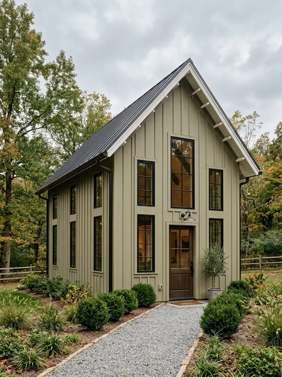 19 Stunning Small Barndominium Exterior Ideas That Prove Simple Barn House Designs Can Make a Big Impact 15 Small barndo exterior with narrow vertical sage green wood siding, steep gable, black steel window frames of varying heights, and Japanese boxwood plantings