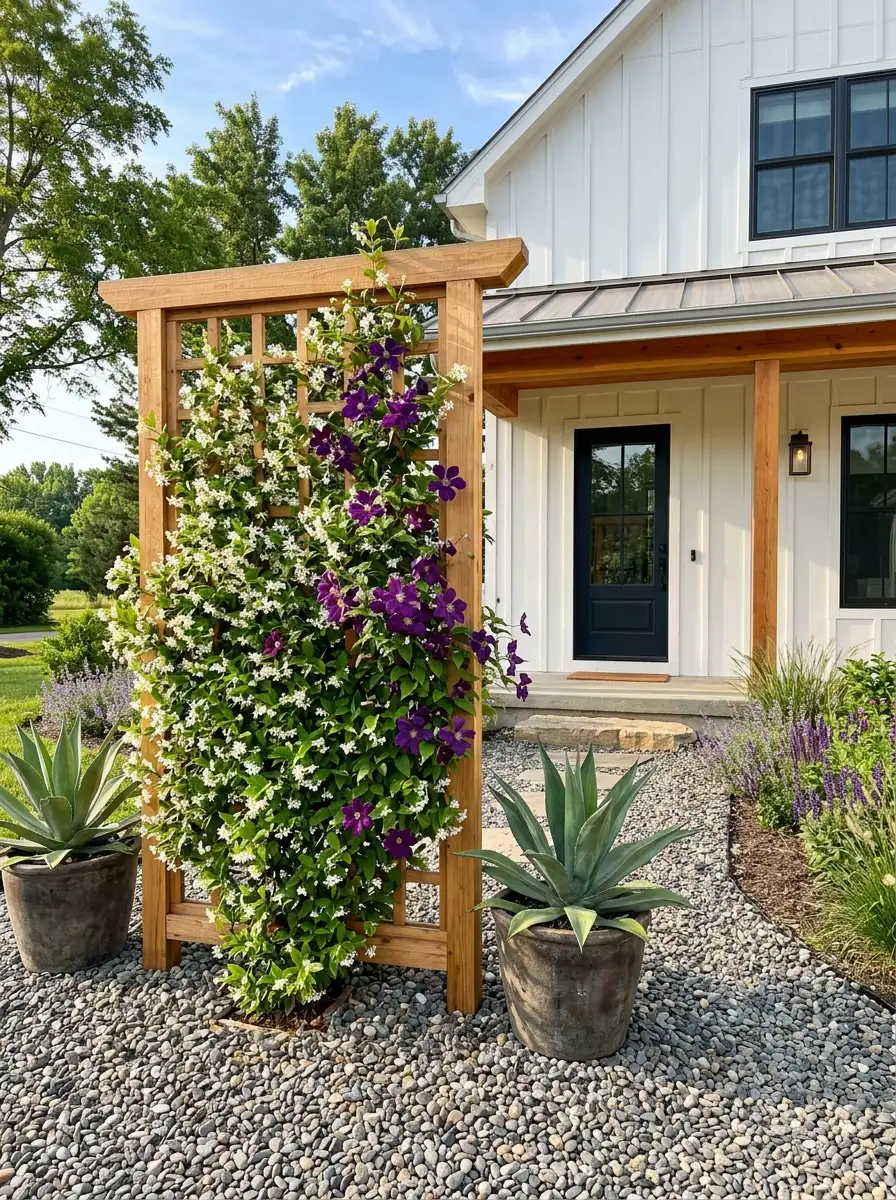 Cedar trellis with climbing jasmine and clematis adding vertical interest to a lush lawn-free front yard design