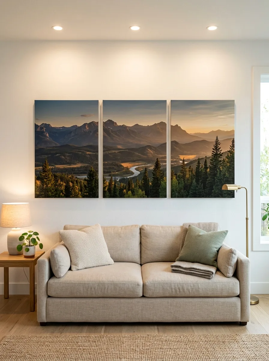 Three panel split mountain landscape canvas triptych hung in a row as panoramic living room wall art ideas above a natural linen sofa
