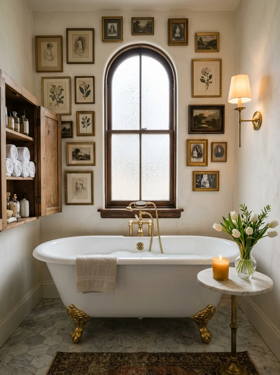 White clawfoot tub with gallery wall and gold fixtures capturing the Nancy Meyers interior style in a beautifully personal bathroom