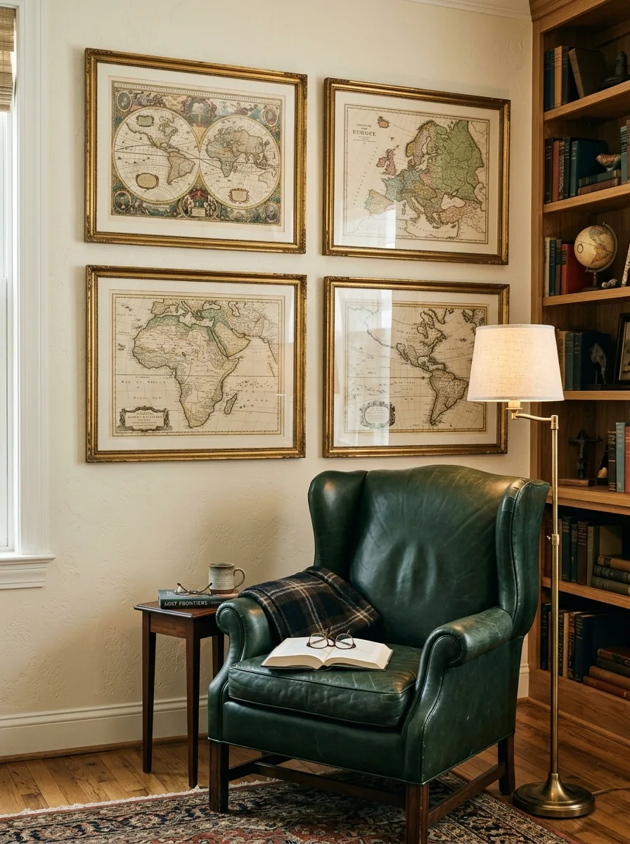 Four antique framed vintage maps arranged in a grid as sophisticated wall art for living room above a hunter green reading chair