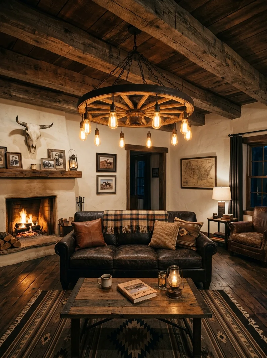 Rustic western home decor with wagon wheel chandelier, Edison bulbs, exposed wood beams, leather sofa and reclaimed wood coffee table