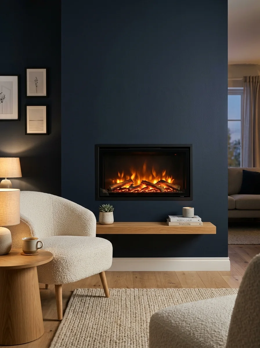 20 Fireplace Design Ideas Built Around the Three Pillars of Color, Space, and Flame 18 Modern fireplace ideas with wall-mounted electric insert in navy blue accent wall, realistic flame simulation, and Scandinavian furniture in a contemporary apartment