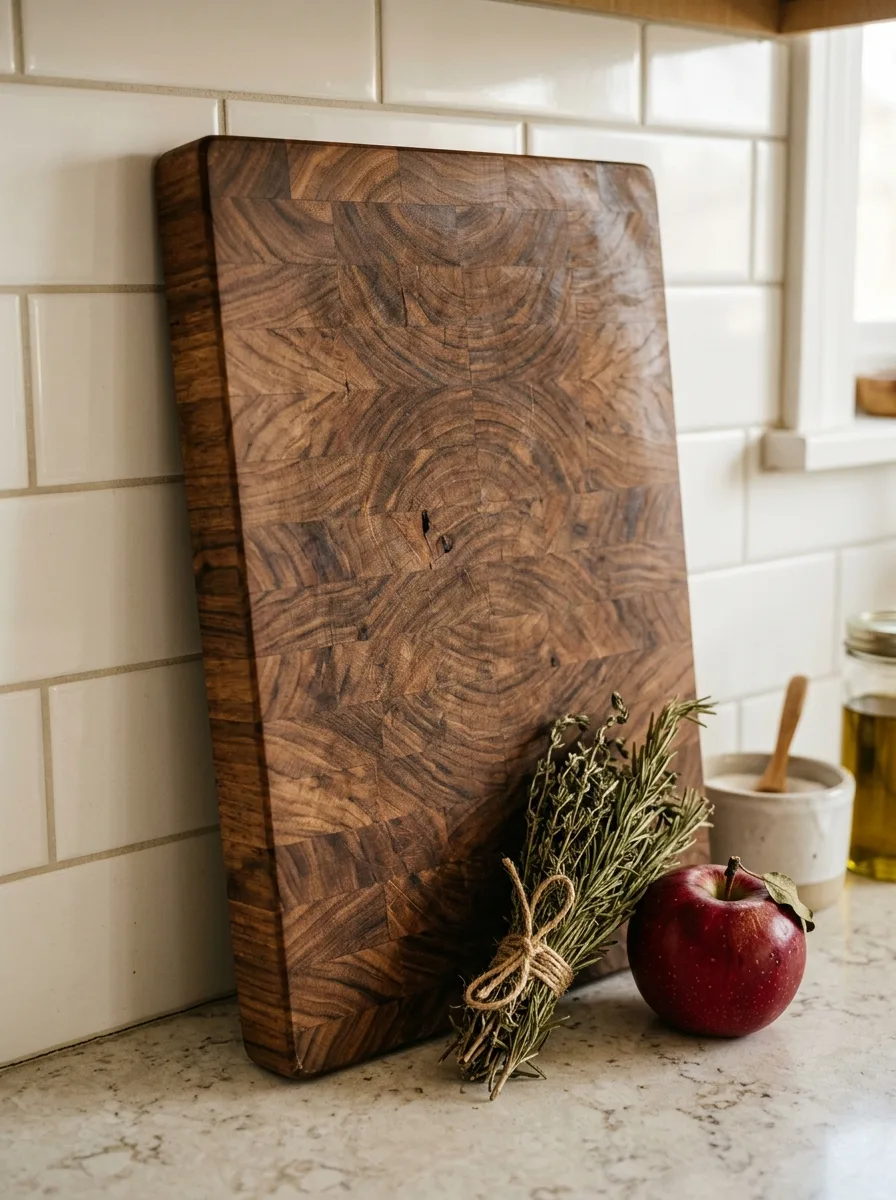 Large walnut cutting board leaning on white tile backsplash with dried herbs and a red apple for rustic autumn kitchen decor