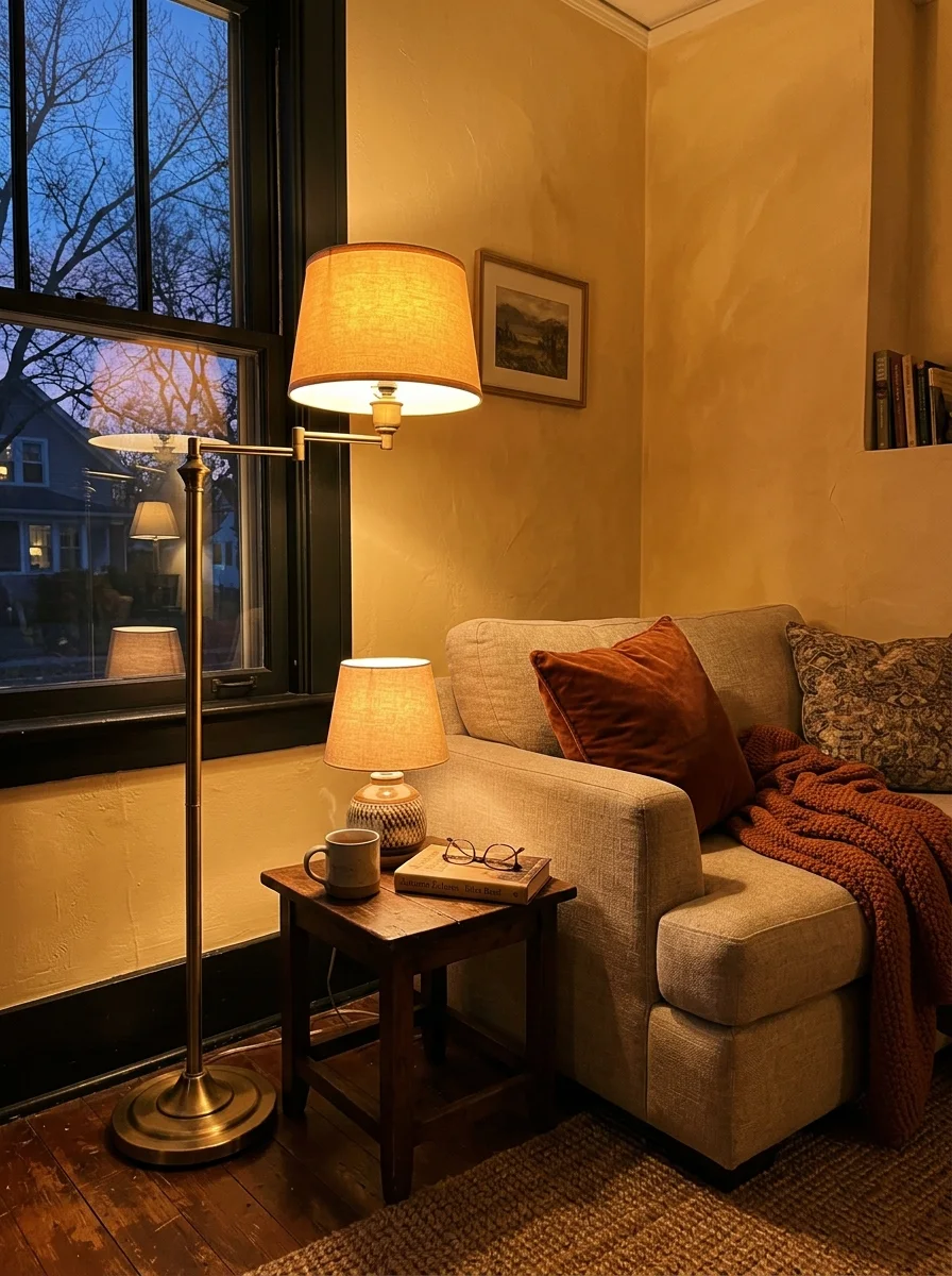 Brass floor lamp and ceramic table lamp glowing warm amber light in a cozy fall living room at dusk