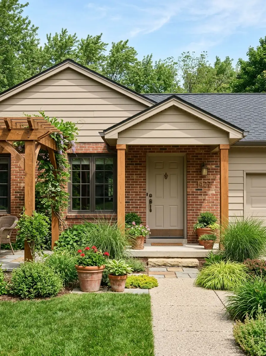 Red brick ranch home with warm beige siding, bronze fixtures, and taupe door creating a cozy cohesive curb appeal color palette