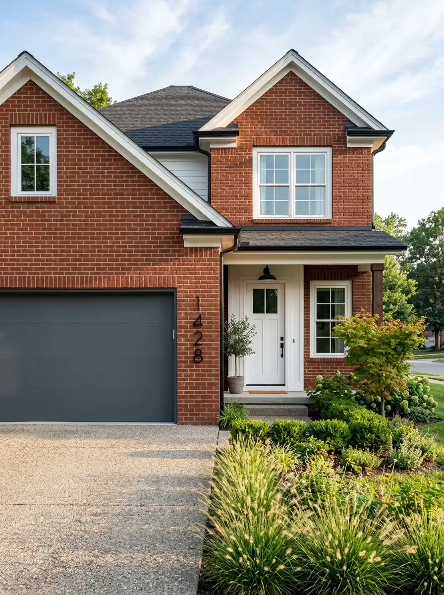 Red brick transitional home with charcoal gray flat-panel garage door, white window trim and front door, and black house numbers for clean curb appeal