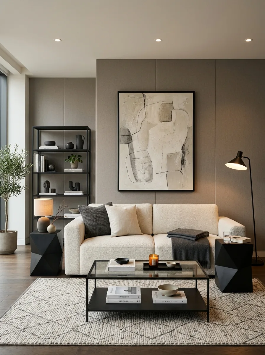 Warm gray walls with off-white boucle sofa and matte black furniture in a sleek luxury living room color palette