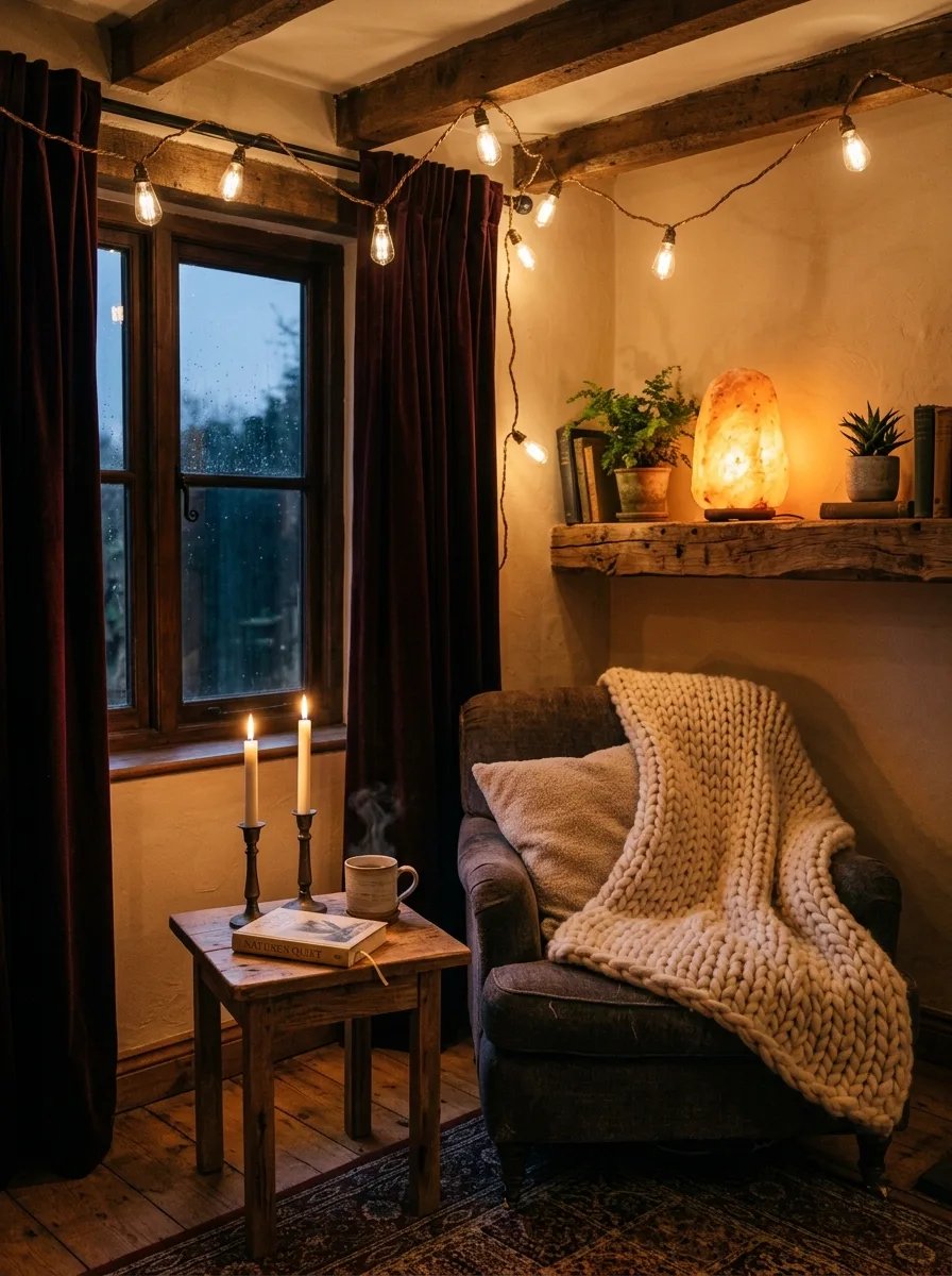 Why Fall Décor Hits Different: 17 Principles You Never Knew You Needed 1 Cozy living room fall decorating setup with Edison string lights, salt lamp, and candlelight layered for warm autumn ambiance