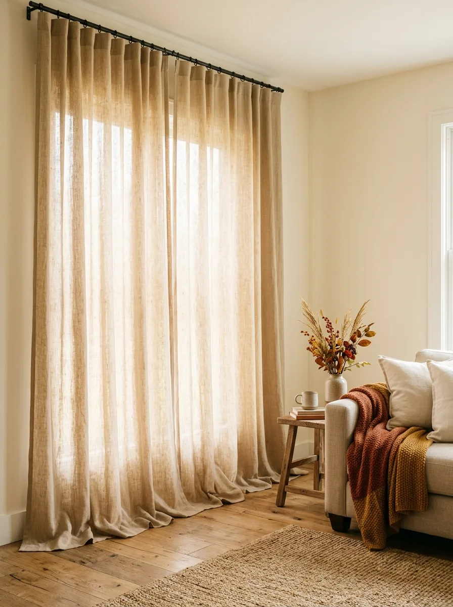 Warm oat and honey linen curtains hanging from ceiling height rods filtering natural light in a fall living room