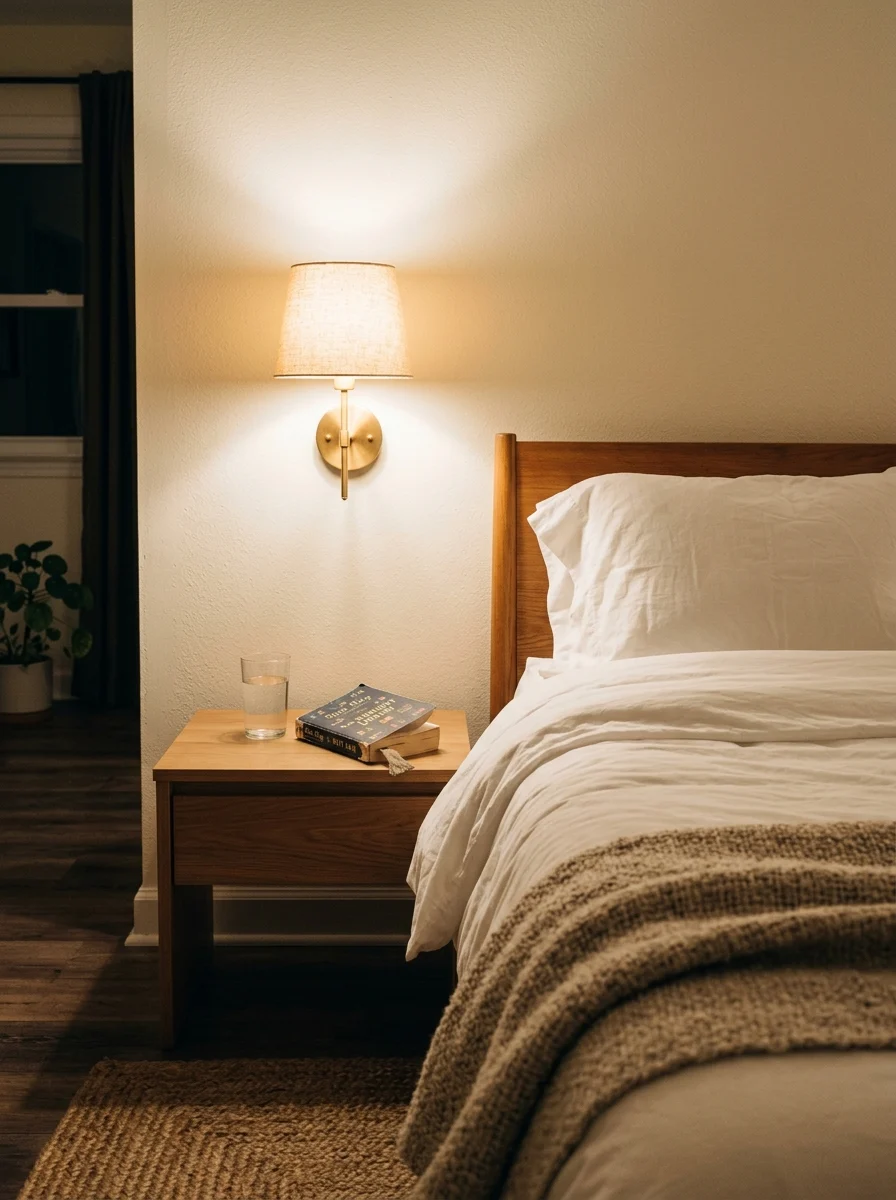 Warm off-white walls with linen bedding and soft sconce lighting channeling the Nancy Meyers home aesthetic