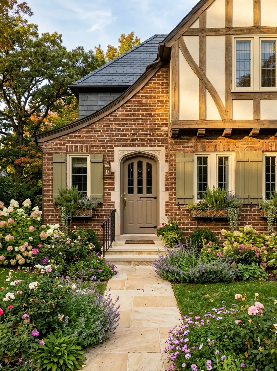 Red brick Tudor home exterior with warm taupe front door, olive green shutters, cream trim, and herb-filled window boxes for earthy curb appeal