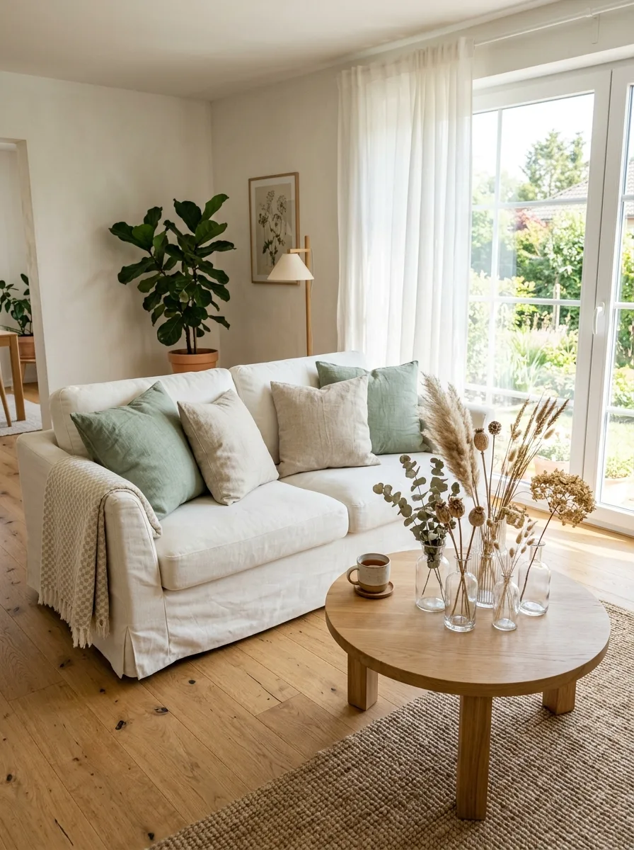 Warm white slipcovered sofa with sage cushions and dried botanicals showing color psychology for living rooms through bright open optimistic interior design