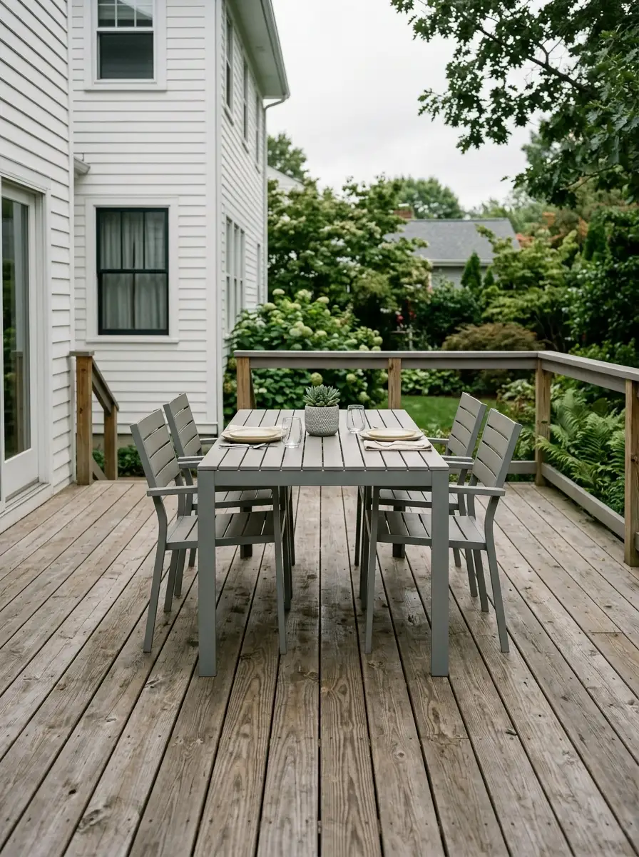 Pine deck with weathered oak semi-transparent stain delivering a mature, silvery-brown patina for modern deck stain colors