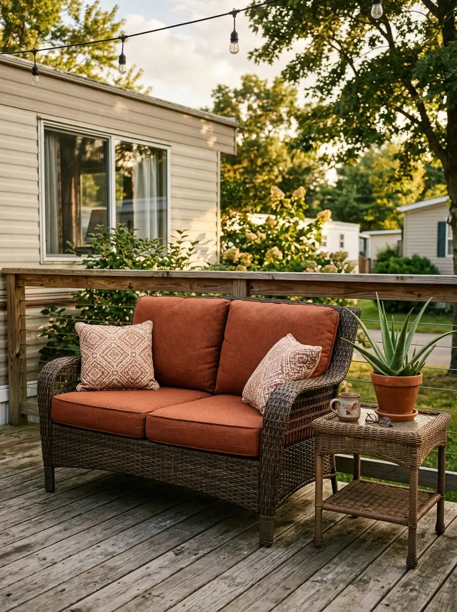 Compact all-weather rattan sofa with terracotta cushions and cream throw pillows on a mobile home deck in warm afternoon light