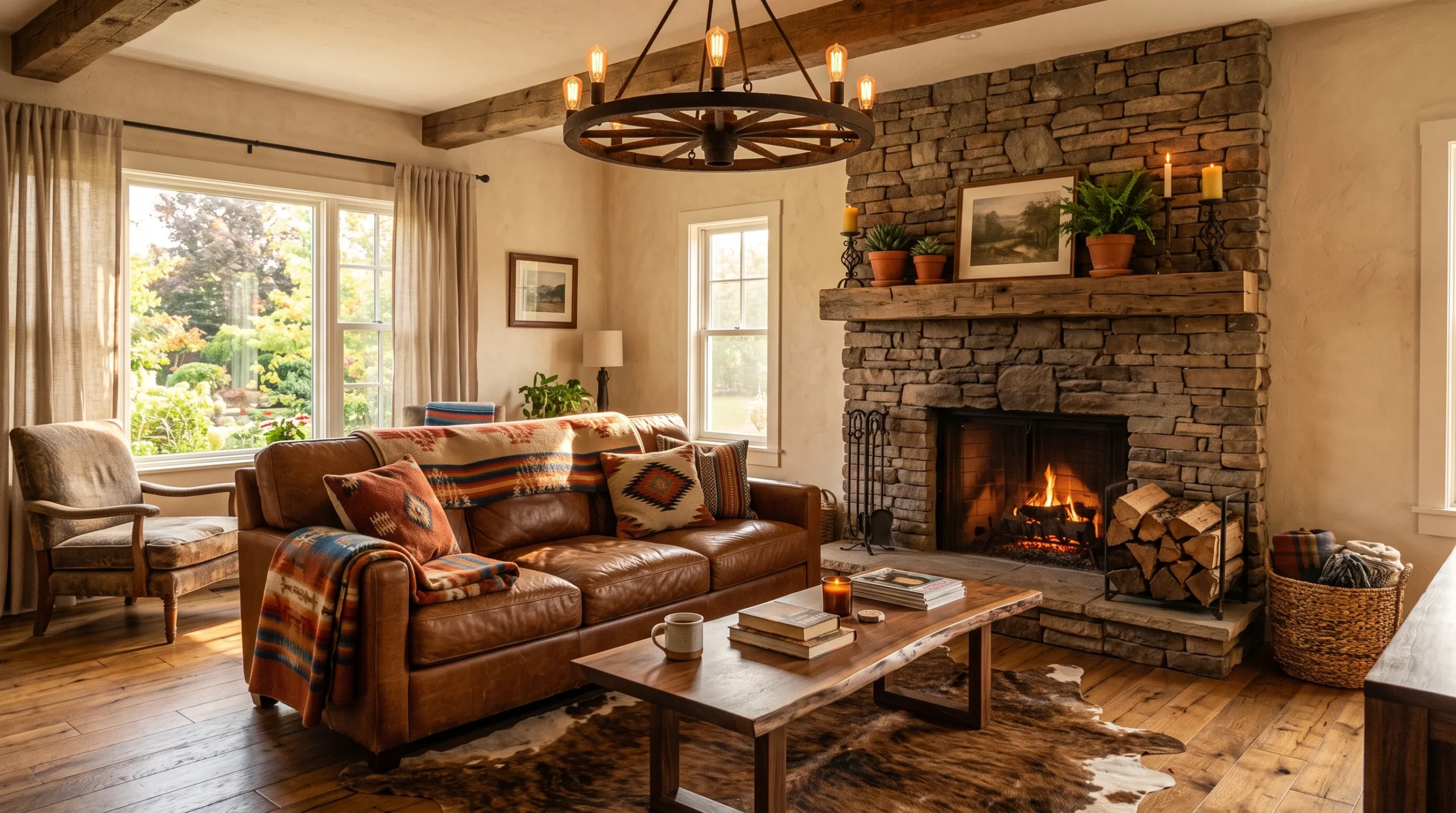 Cozy western living room décor featuring a cognac leather sofa, cowhide rug, stone fireplace, and wagon wheel chandelier