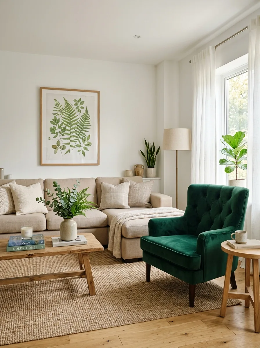 Soft white and beige living room with emerald velvet armchair offering a fresh sophisticated color palette for interiors