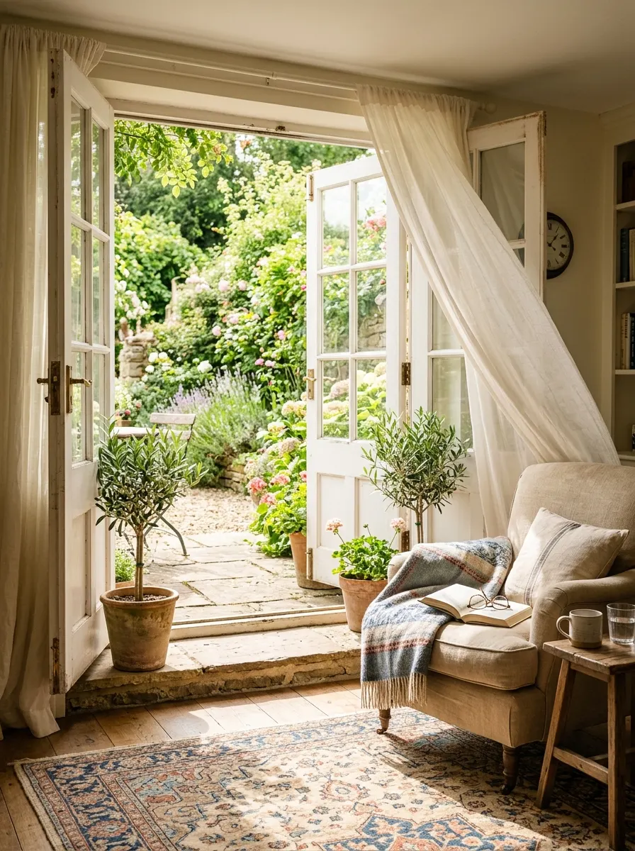 White French doors open to a garden with sheer curtains and dappled sunlight creating a cinematic home aesthetic moment