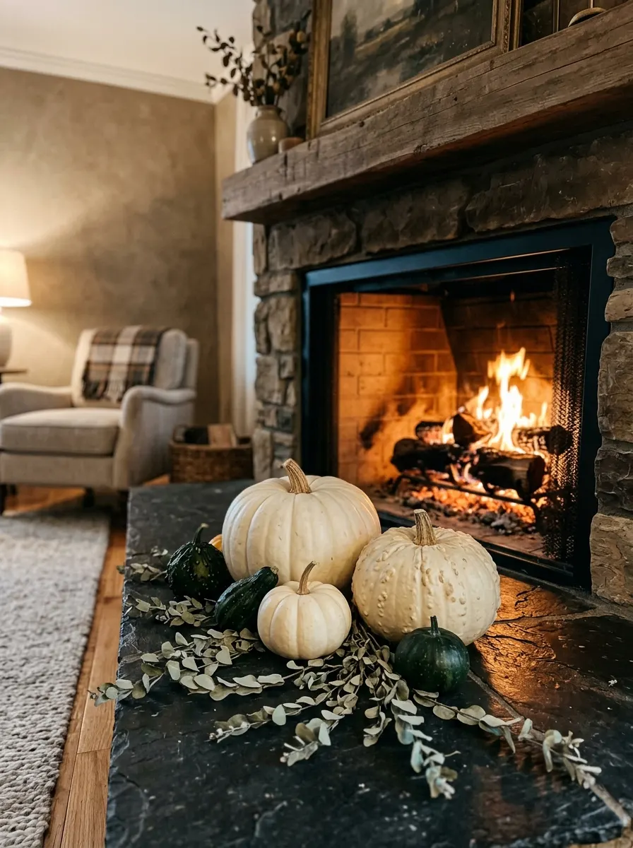 White and cream heirloom pumpkins with dark gourds and eucalyptus on a fireplace hearth for elegant fall living room decor
