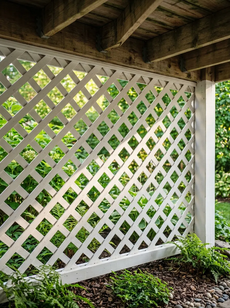 White diagonal lattice panels used as affordable under deck skirting in a bright backyard garden setting