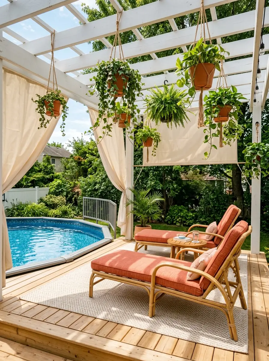 21 Amazing Above Ground Pool Deck Ideas That Go Beyond the Basic Deck With Style, Comfort, and Function 5 White pergola shading an above ground pool deck with rattan chairs, coral cushions, hanging plants, and a cream outdoor rug