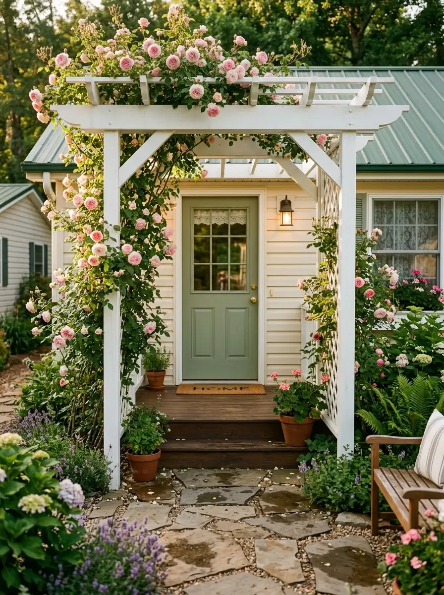 Mobile home exterior entry with white cedar pergola, climbing pink roses, and stone pathway for a layered residential curb appeal transformation
