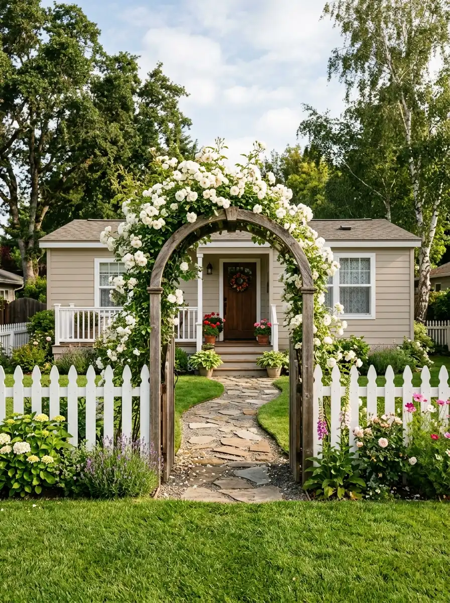 Mobile home exterior front yard with white picket fence, arched wooden gate, climbing roses on posts, and green lawn for a cottage residential curb appeal look