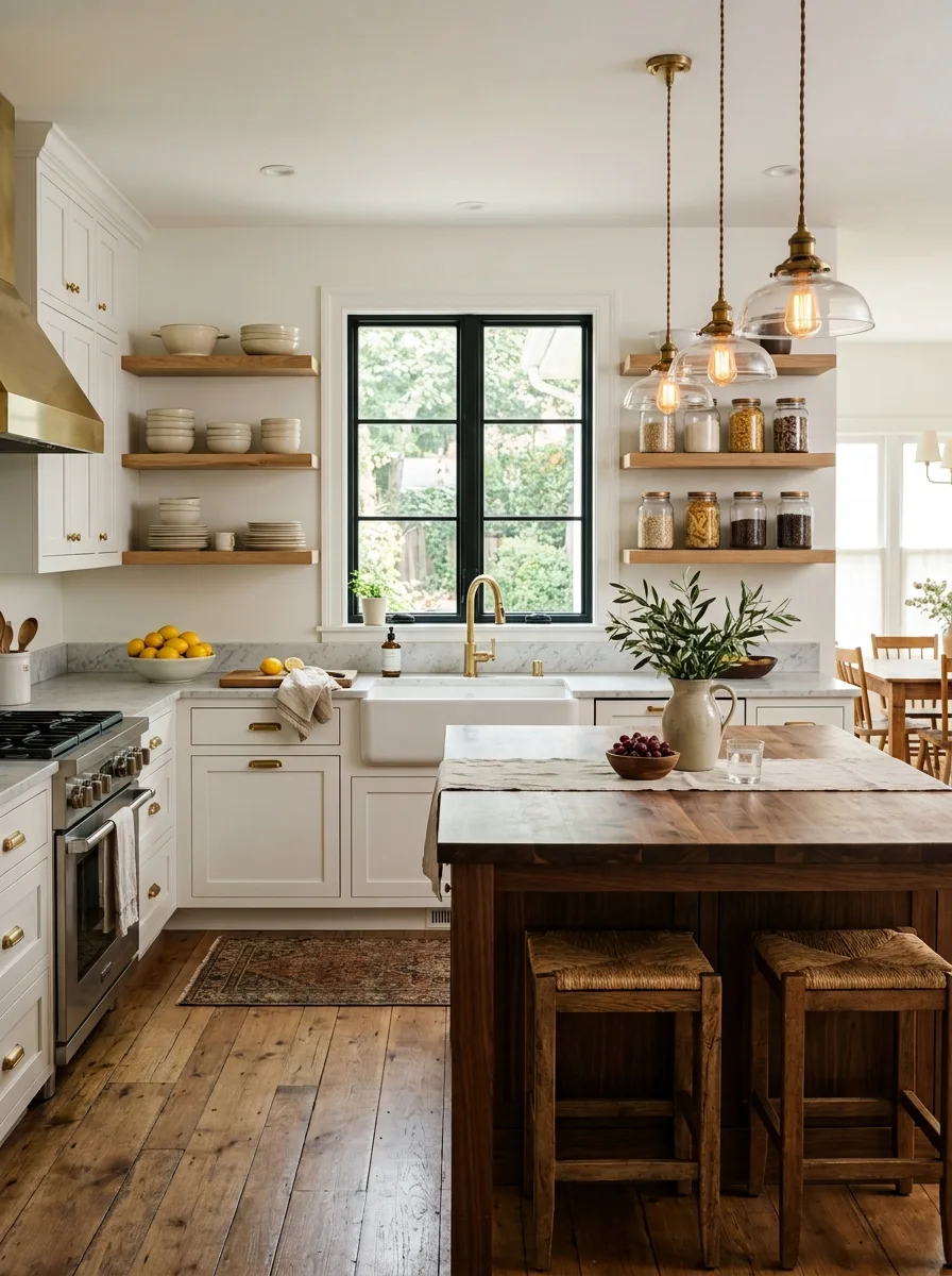 White shaker kitchen with brass hardware, open shelving, and butcher block island central to the Nancy Meyers home aesthetic