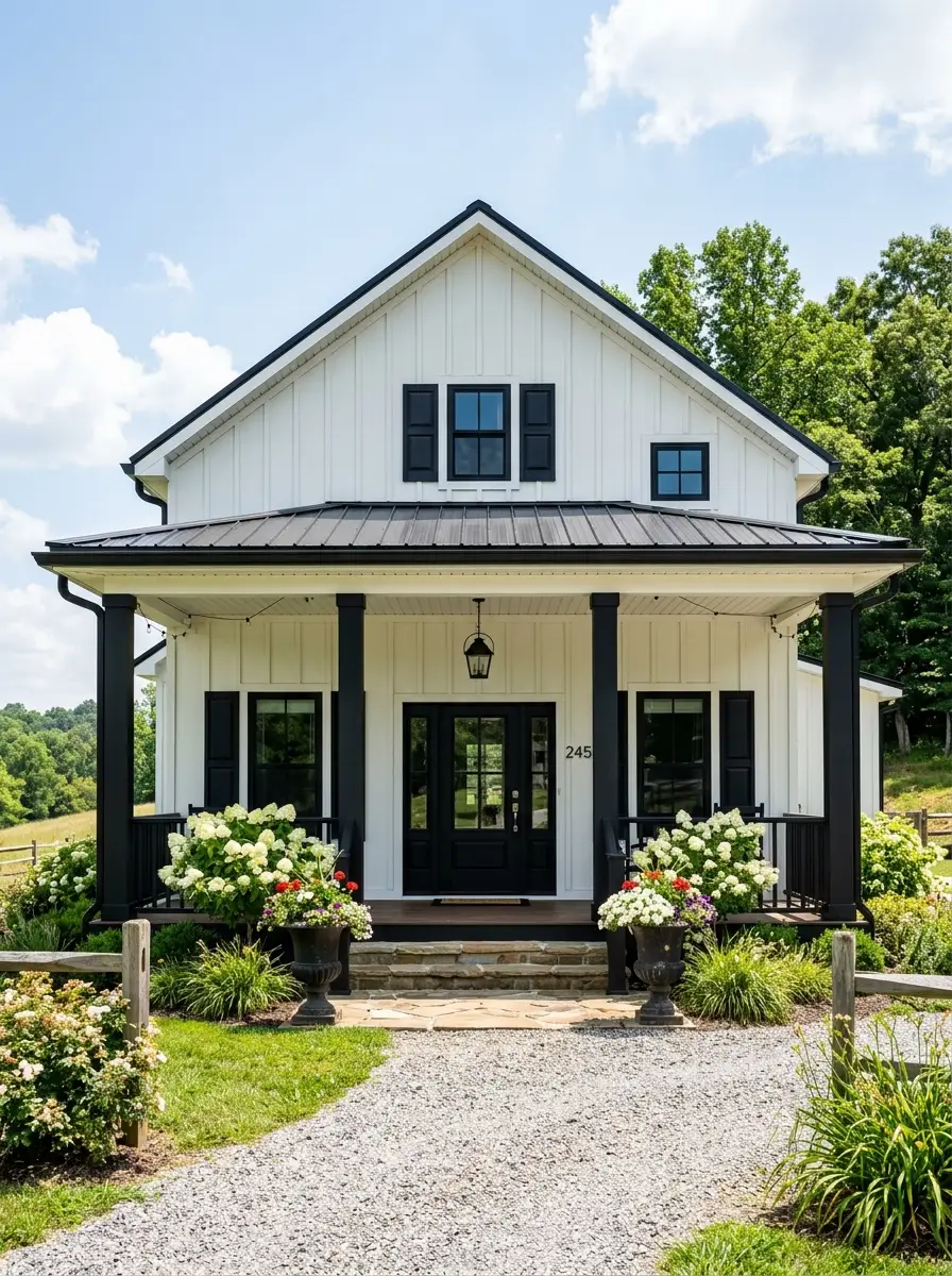 19 Stunning Small Barndominium Exterior Ideas That Prove Simple Barn House Designs Can Make a Big Impact 14 White small barndominium exterior with matte black trim, shutters, metal roof, and porch columns, with potted white flowers flanking the entry steps