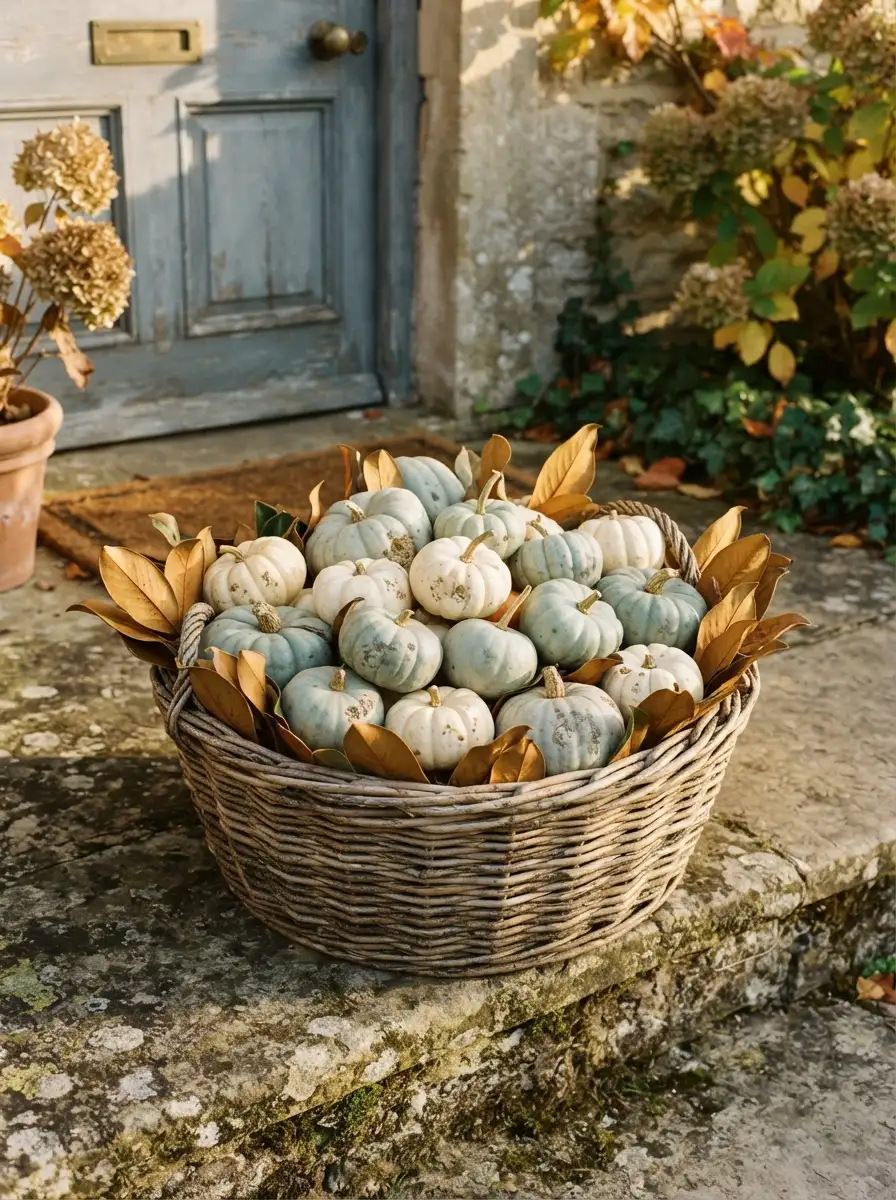 Round woven wicker basket on a porch step filled with cream and dusty blue-green mini pumpkins as fall porch décor