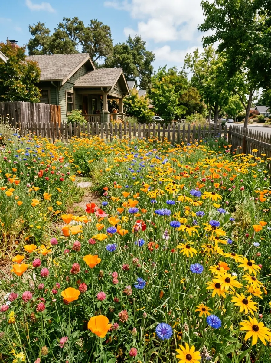 Colorful wildflower meadow with poppies, black-eyed Susans, and cornflowers in a stunning no grass front yard