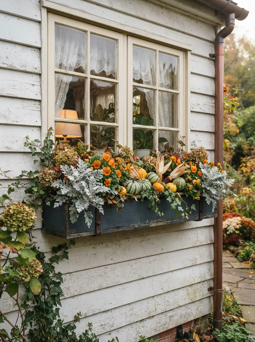 Cottage front window box with dusty miller, orange violas, and mini gourds as a small porch fall decor detail
