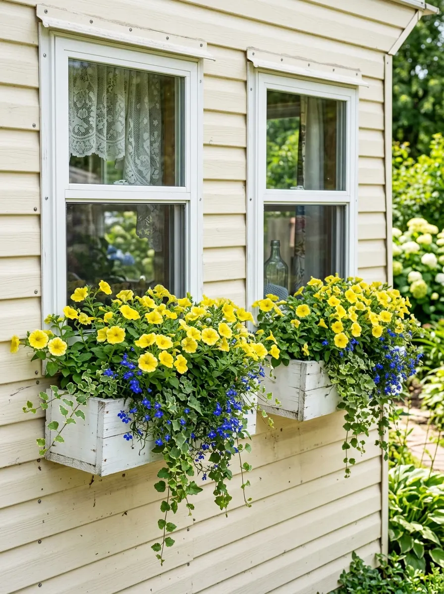 Mobile home exterior windows with white painted window boxes overflowing with yellow petunias, blue lobelia, and trailing green foliage for cottage curb appeal