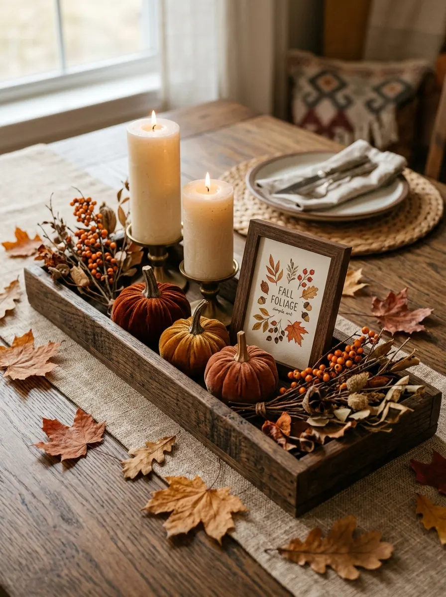 The 16 Small Decisions That Make Fall Table Décor Actually Worth Noticing 12 Narrow wooden tray centerpiece for fall table decorating with velvet pumpkins, cream candles, and a small autumn framed print