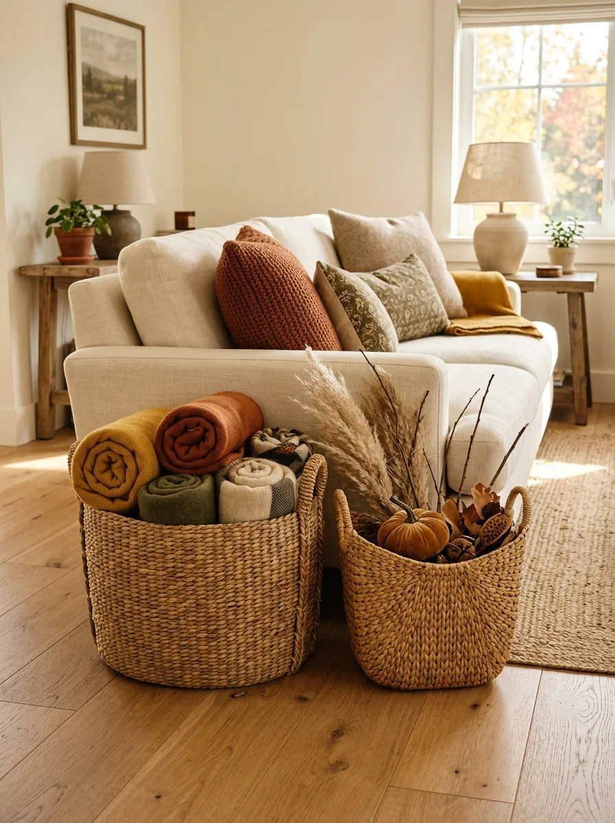 Large woven seagrass baskets beside a sofa holding throw blankets for cozy fall living room storage and decor