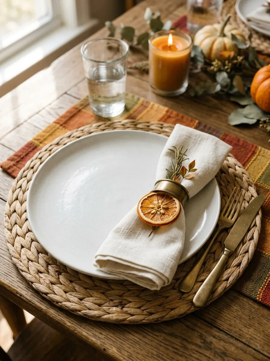 The 16 Small Decisions That Make Fall Table Décor Actually Worth Noticing 10 Woven seagrass charger under a white plate styled for fall dining table decor with dried orange slice napkin detail