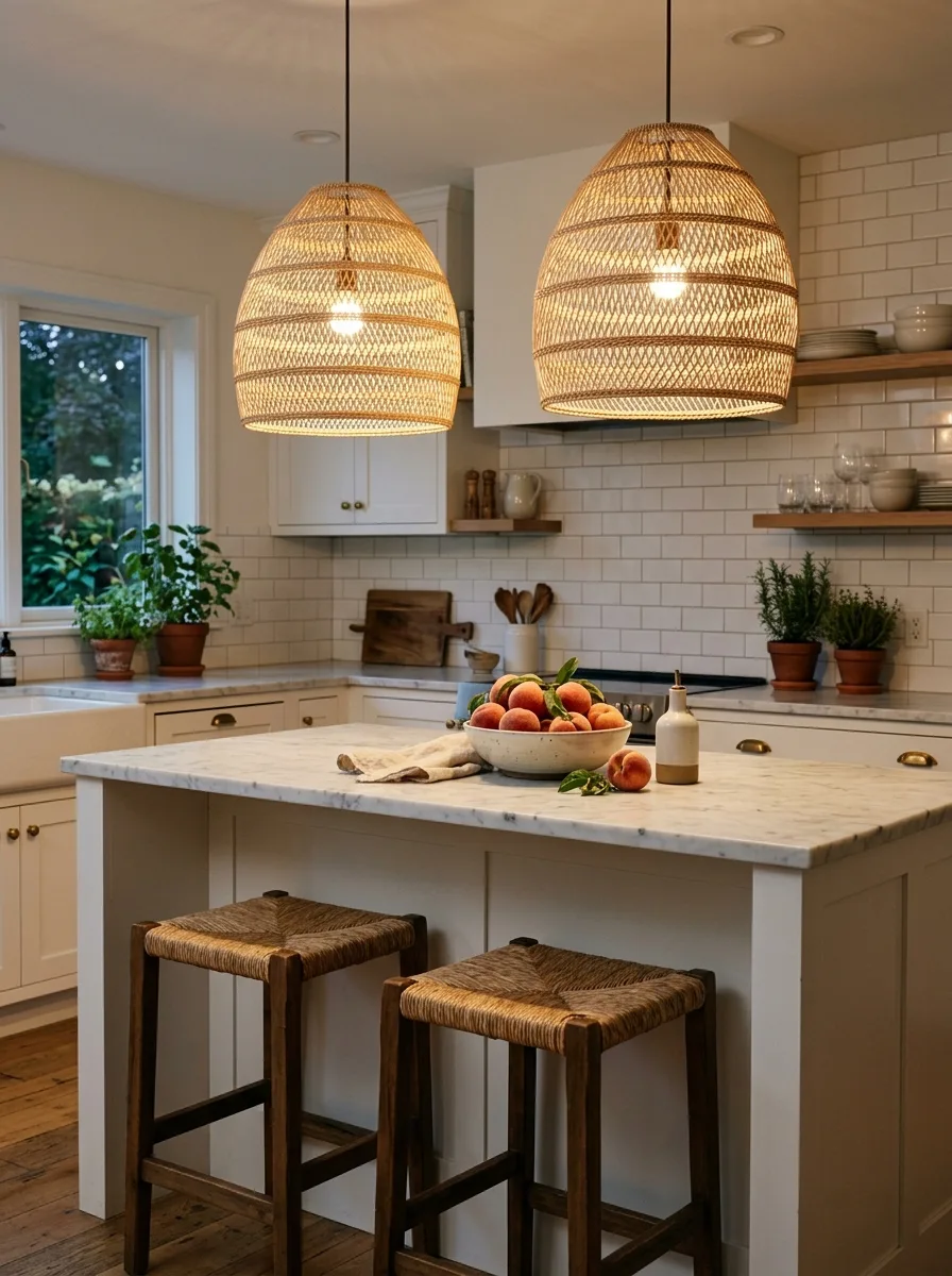 Two woven rattan pendant lights over a marble kitchen island with wooden stools in a Nancy Meyers inspired decor kitchen