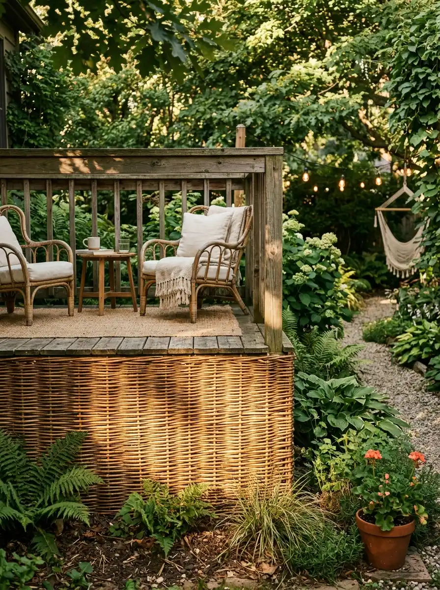 Natural woven willow reed screen panels used as boho-style deck skirting in a dappled light garden backyard setting