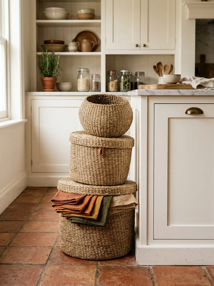 Three stacked woven seagrass baskets beside a kitchen island holding fall linen napkins for seasonal kitchen decorating storage