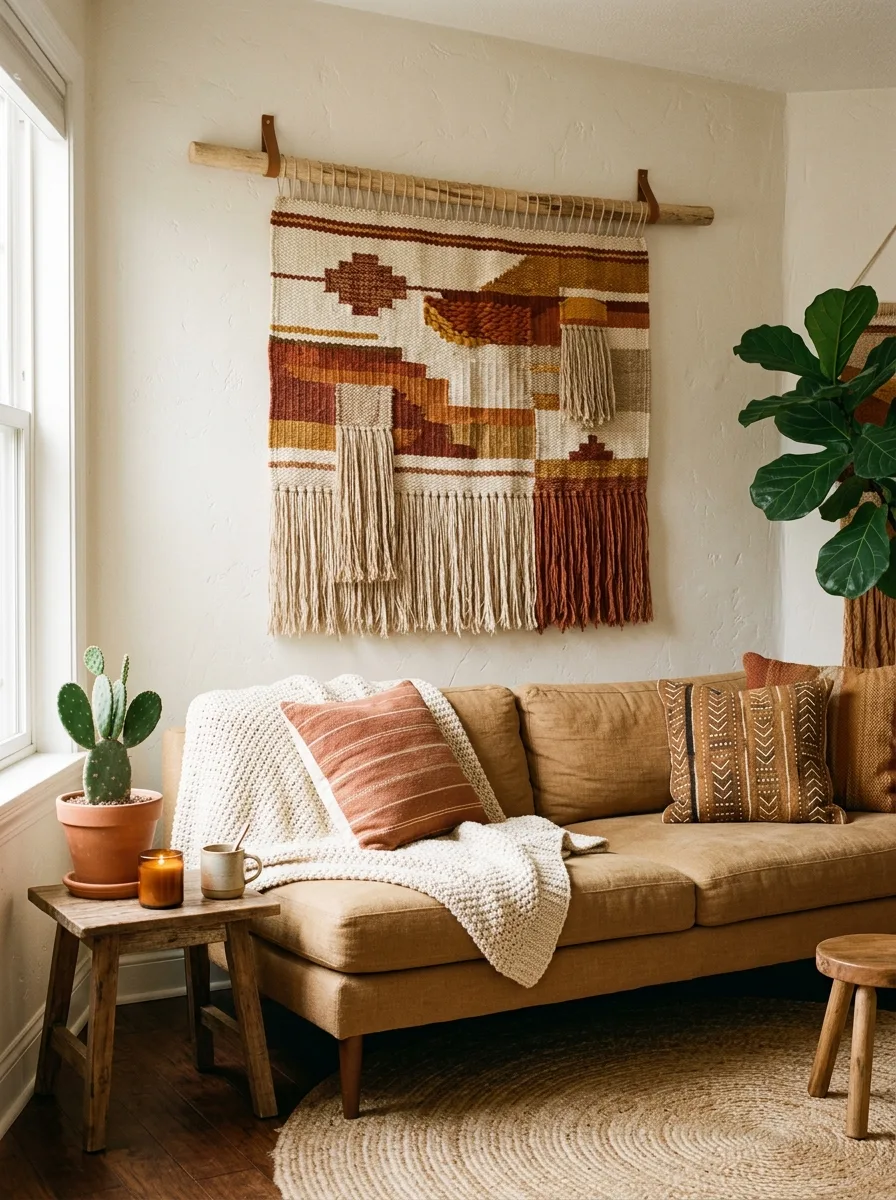 Large handwoven cream and rust tapestry on a wooden dowel as a cozy living room wall decor focal point above a linen sofa