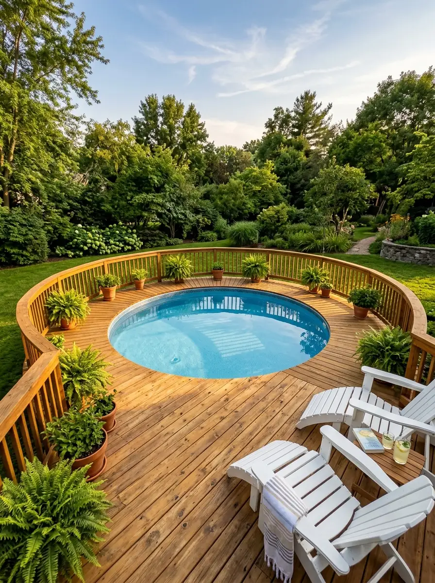 21 Amazing Above Ground Pool Deck Ideas That Go Beyond the Basic Deck With Style, Comfort, and Function 1 Wraparound cedar above ground pool deck with white Adirondack chairs and potted ferns in a sunny green backyard