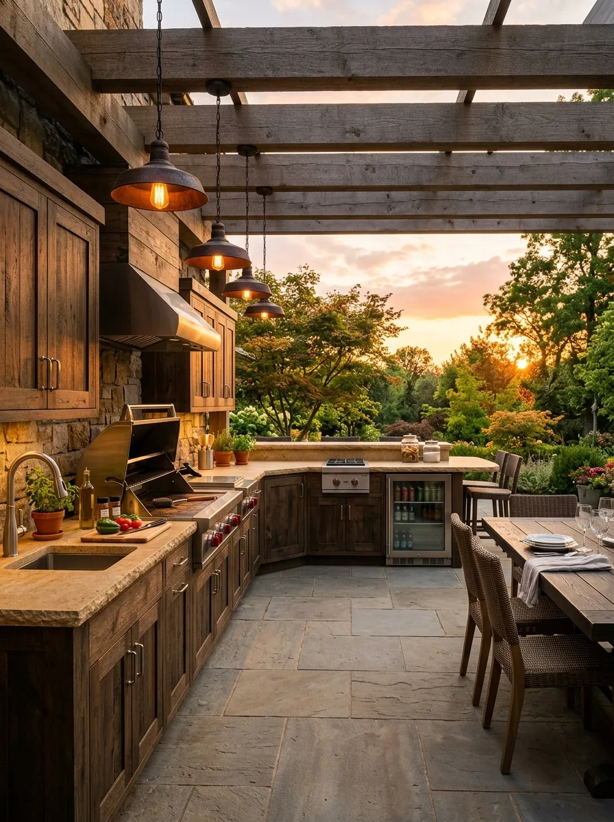 Wraparound outdoor kitchen with limestone countertops, double grills, outdoor sink, pendants, open center space, wooden dining table on large patio at sunset