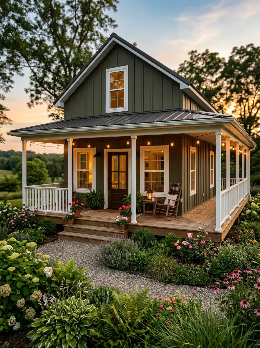 19 Stunning Small Barndominium Exterior Ideas That Prove Simple Barn House Designs Can Make a Big Impact 10 Small barndominium exterior in olive green vertical siding with a white wraparound porch, natural decking, string lights, and garden plantings at dusk