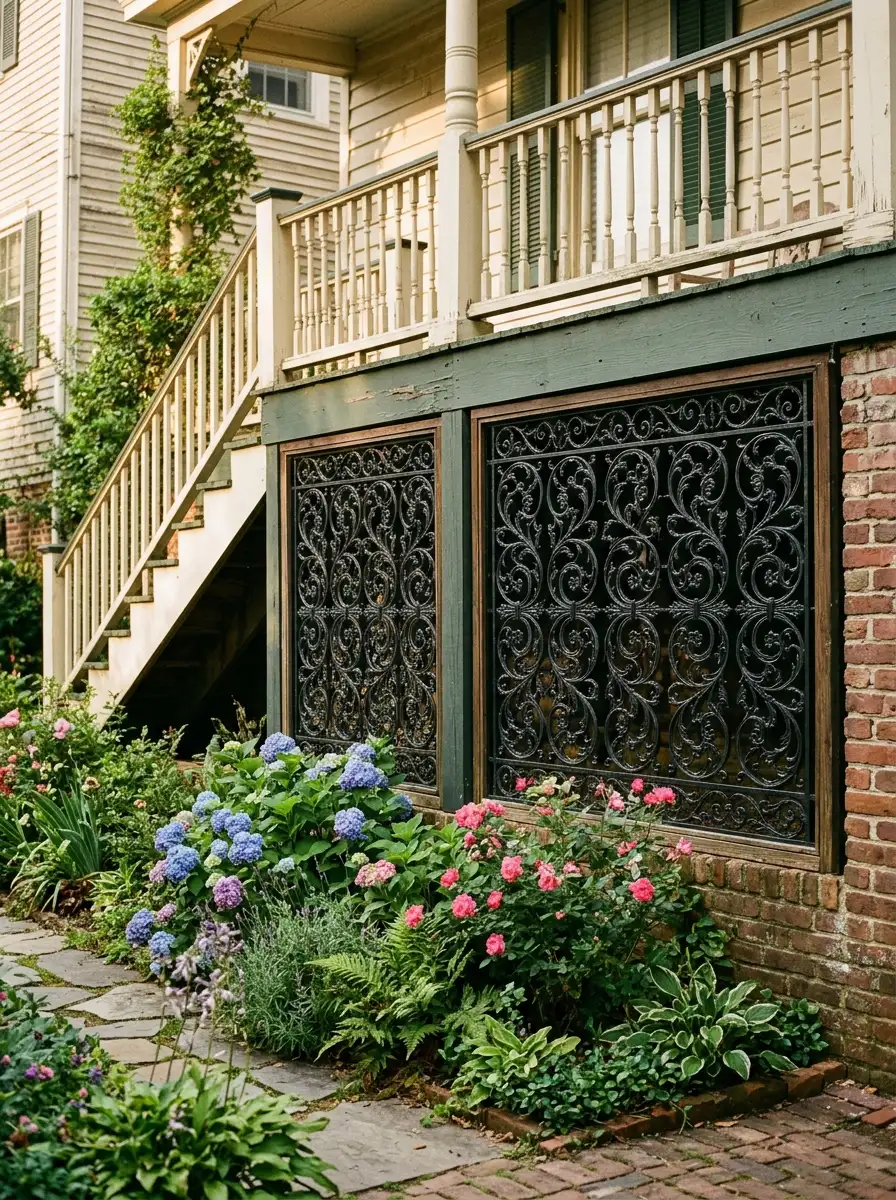Decorative black metal scrollwork panels used as elegant wrought iron-style deck skirting beside a flower border and painted deck