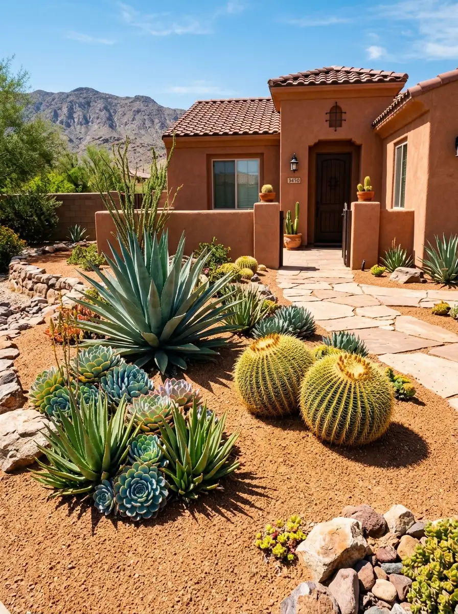 Agave, aloe, and barrel cactus in a striking xeriscape grass free front yard design with decomposed granite